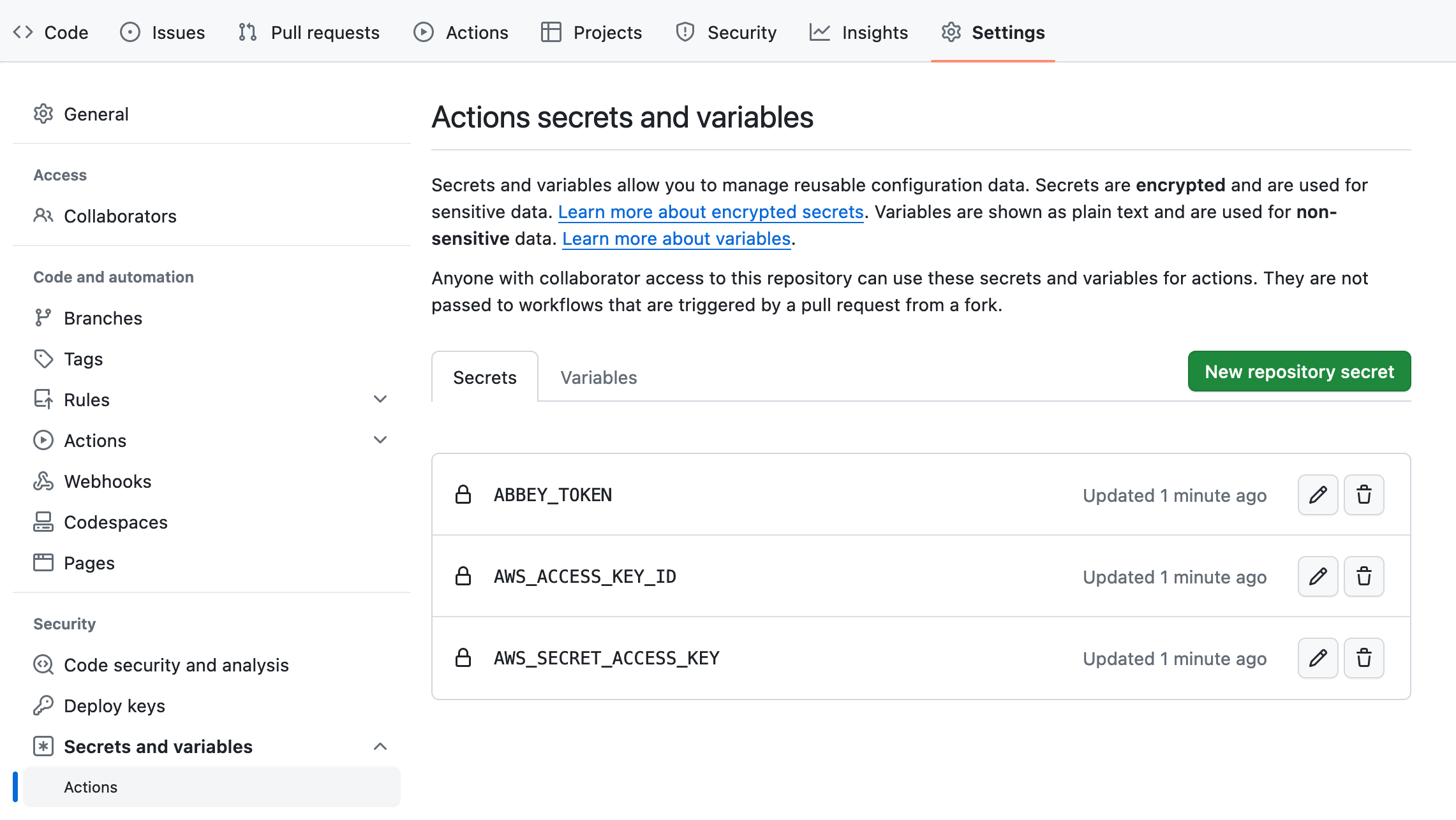 GitHub Abbey secrets